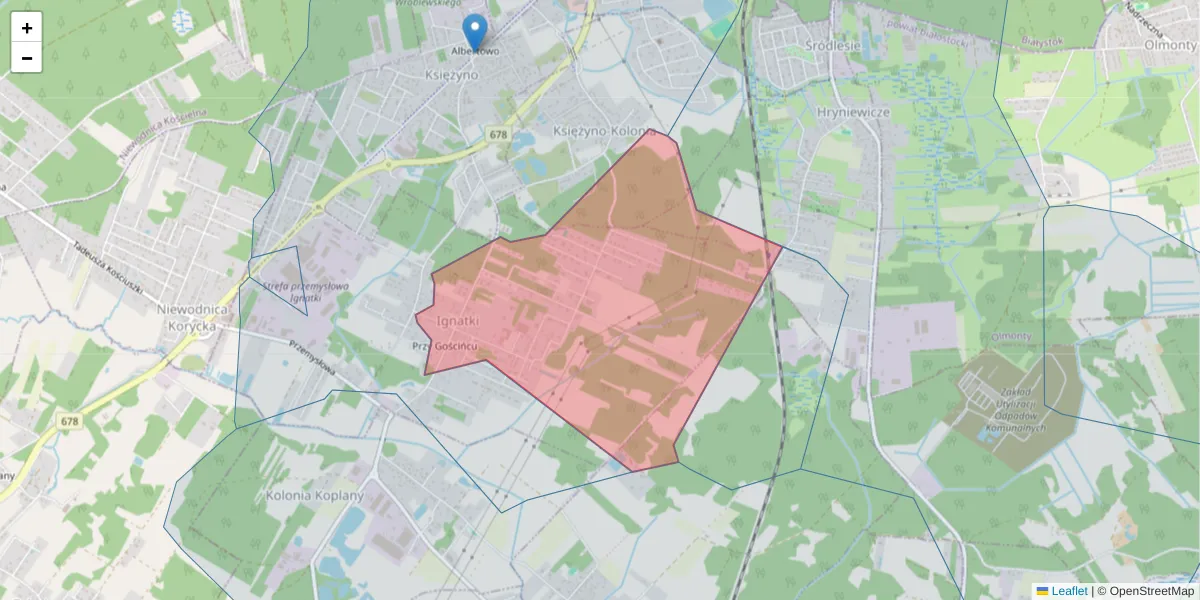 Szczegółowa mapa kodu pocztowego 16-005 z granicami, sąsiednimi kodami pocztowymi i urzędami pocztowymi