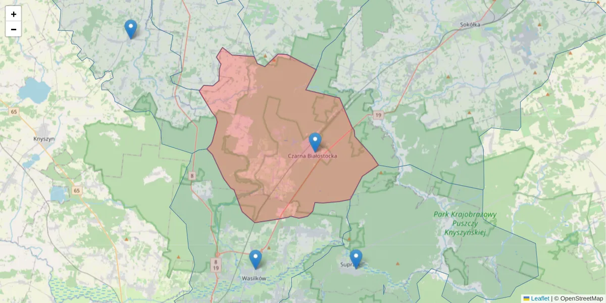 Szczegółowa mapa kodu pocztowego 16-020 z granicami, sąsiednimi kodami pocztowymi i urzędami pocztowymi