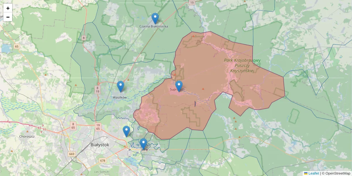 Szczegółowa mapa kodu pocztowego 16-030 z granicami, sąsiednimi kodami pocztowymi i urzędami pocztowymi