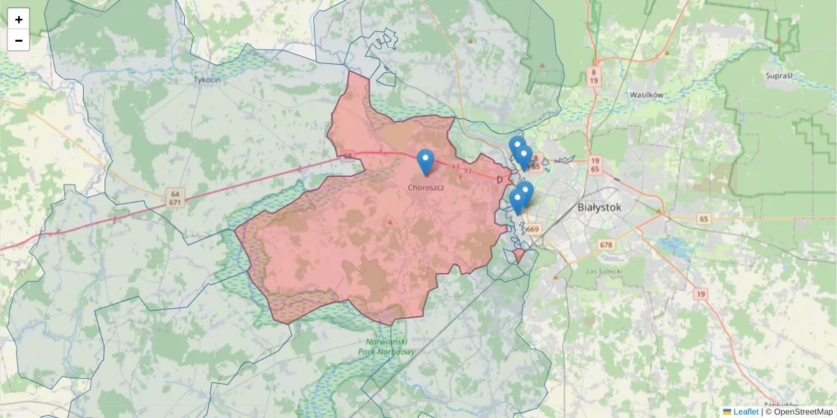 Szczegółowa mapa kodu pocztowego 16-070 z granicami, sąsiednimi kodami pocztowymi i urzędami pocztowymi