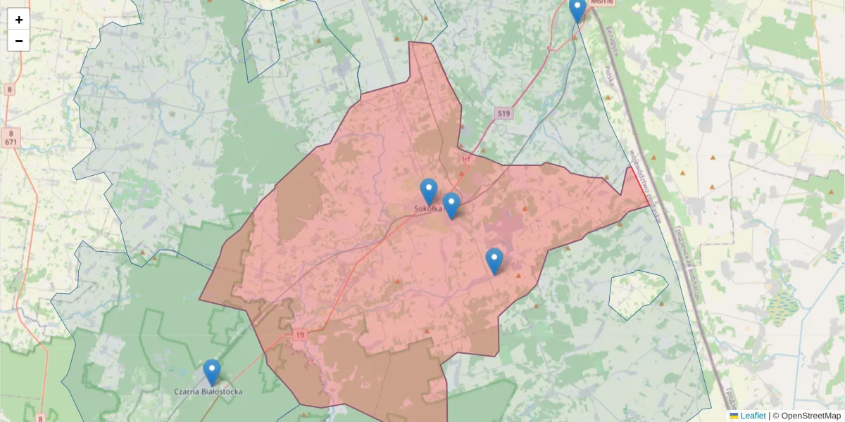 Szczegółowa mapa kodu pocztowego 16-100 z granicami, sąsiednimi kodami pocztowymi i urzędami pocztowymi
