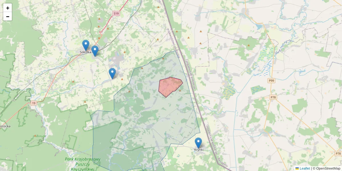 Szczegółowa mapa kodu pocztowego 16-104 z granicami, sąsiednimi kodami pocztowymi i urzędami pocztowymi