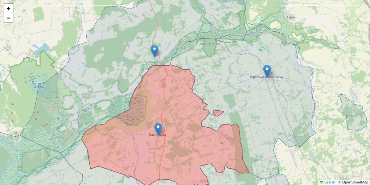 Szczegółowa mapa kodu pocztowego 16-150 z granicami, sąsiednimi kodami pocztowymi i urzędami pocztowymi