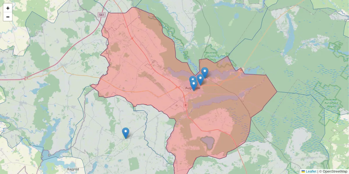 Szczegółowa mapa kodu pocztowego 16-300 z granicami, sąsiednimi kodami pocztowymi i urzędami pocztowymi