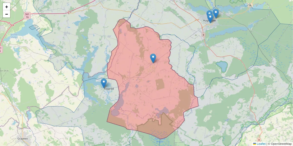 Szczegółowa mapa kodu pocztowego 16-320 z granicami, sąsiednimi kodami pocztowymi i urzędami pocztowymi