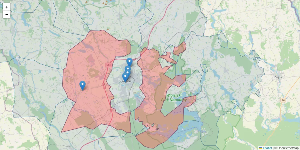 Szczegółowa mapa kodu pocztowego 16-402 z granicami, sąsiednimi kodami pocztowymi i urzędami pocztowymi