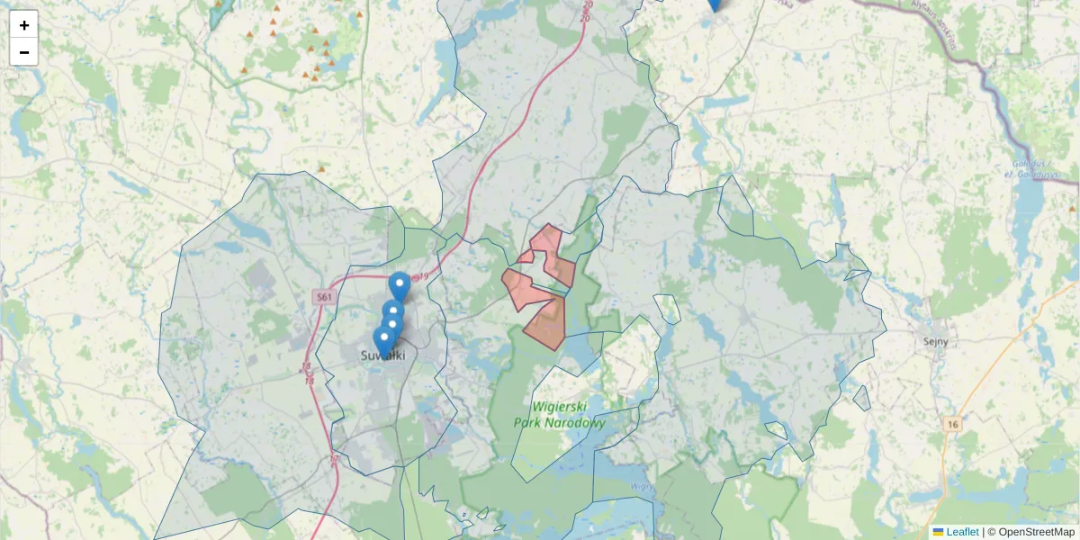 Szczegółowa mapa kodu pocztowego 16-421 z granicami, sąsiednimi kodami pocztowymi i urzędami pocztowymi