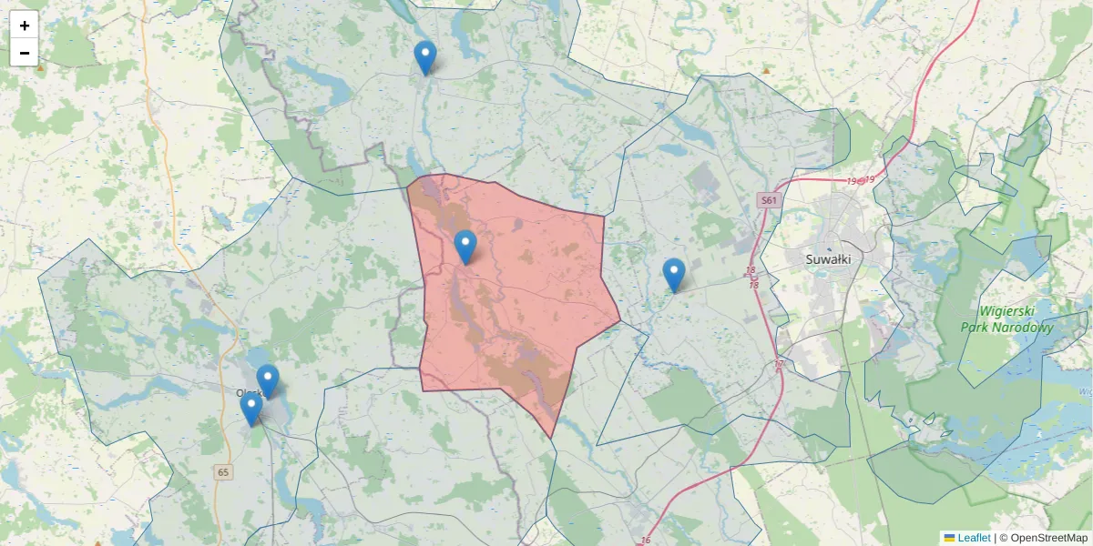 Szczegółowa mapa kodu pocztowego 16-423 z granicami, sąsiednimi kodami pocztowymi i urzędami pocztowymi