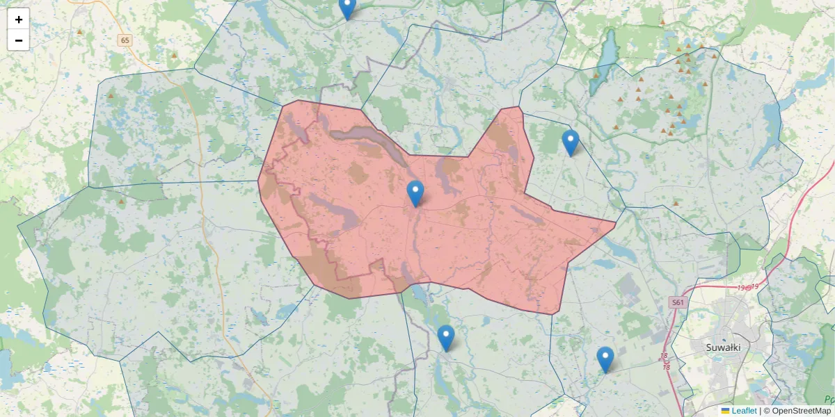 Szczegółowa mapa kodu pocztowego 16-424 z granicami, sąsiednimi kodami pocztowymi i urzędami pocztowymi