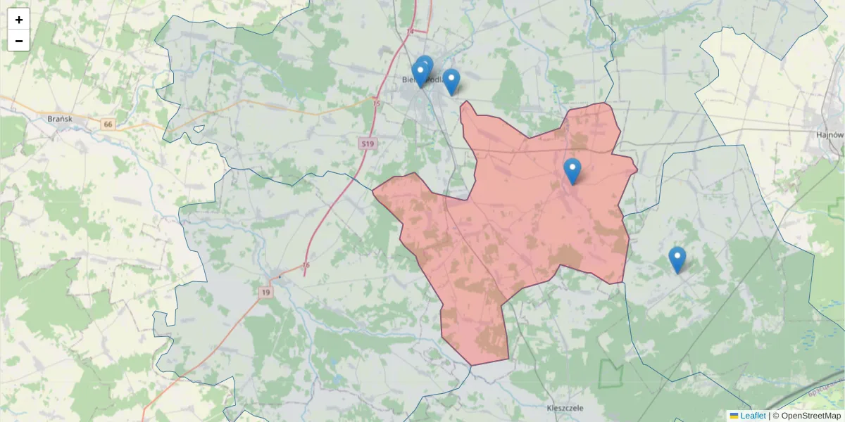 Szczegółowa mapa kodu pocztowego 17-106 z granicami, sąsiednimi kodami pocztowymi i urzędami pocztowymi