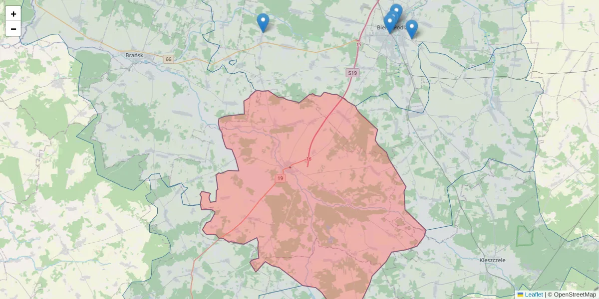 Szczegółowa mapa kodu pocztowego 17-111 z granicami, sąsiednimi kodami pocztowymi i urzędami pocztowymi