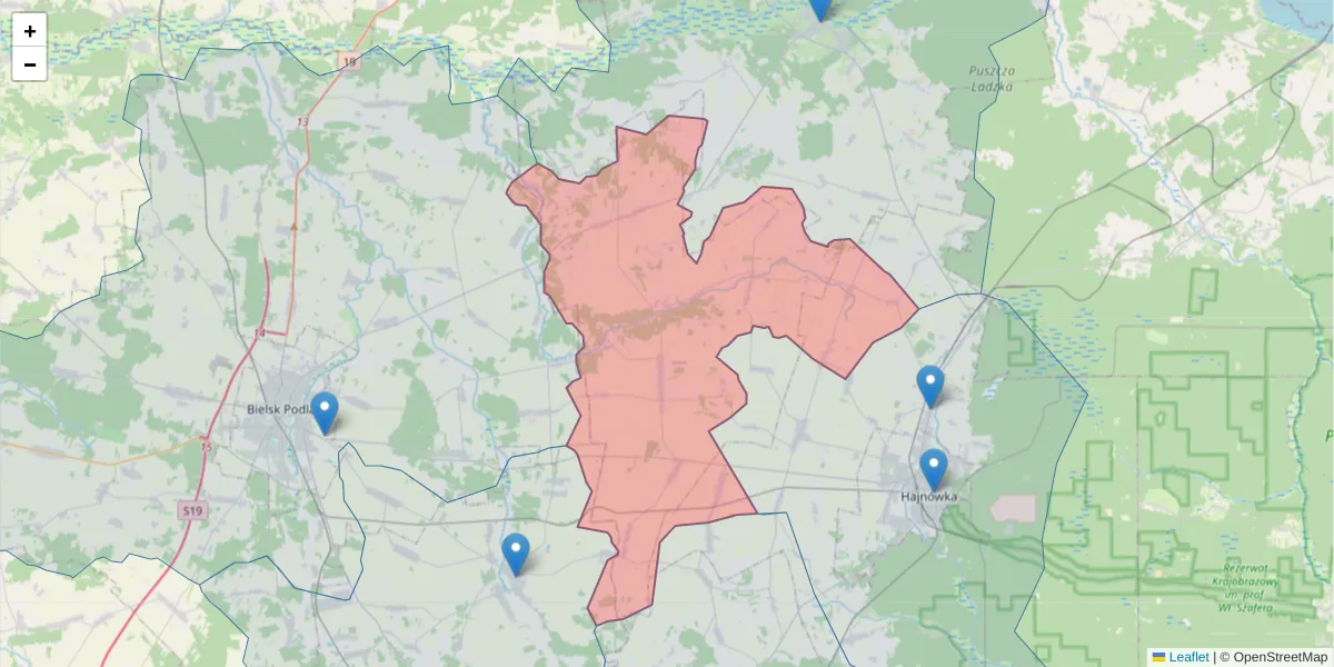 Szczegółowa mapa kodu pocztowego 17-207 z granicami, sąsiednimi kodami pocztowymi i urzędami pocztowymi