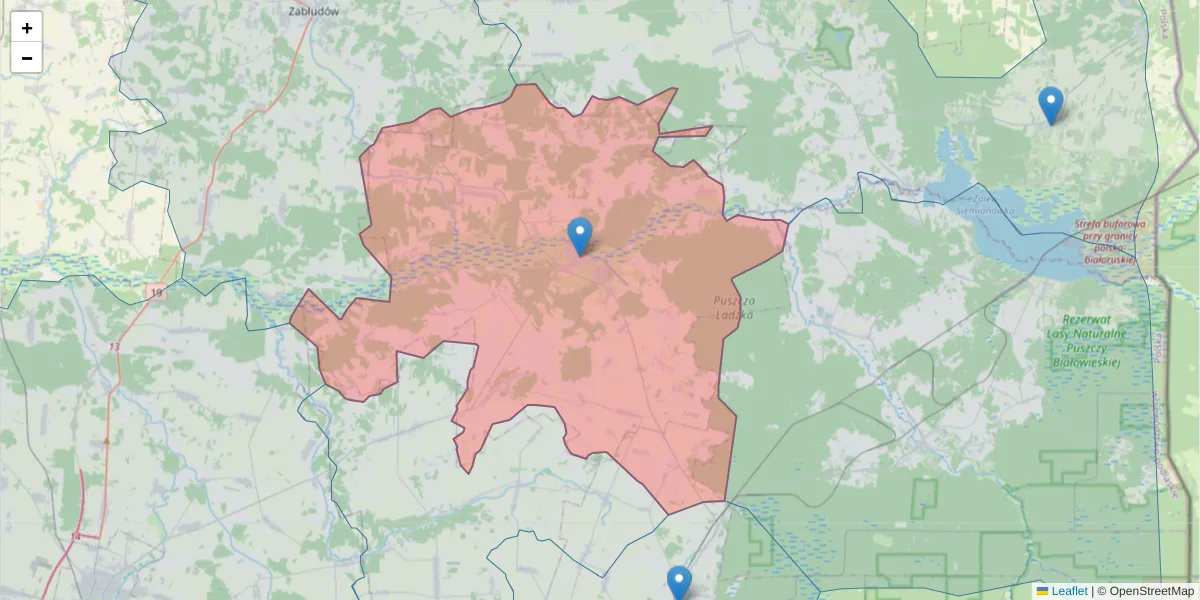 Szczegółowa mapa kodu pocztowego 17-210 z granicami, sąsiednimi kodami pocztowymi i urzędami pocztowymi