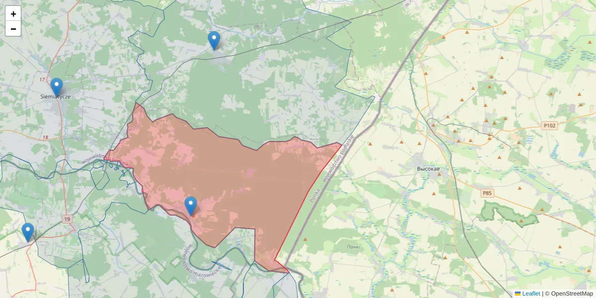 Szczegółowa mapa kodu pocztowego 17-307 z granicami, sąsiednimi kodami pocztowymi i urzędami pocztowymi