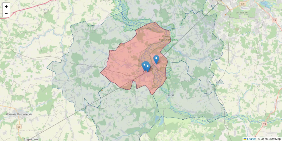 Szczegółowa mapa kodu pocztowego 18-100 z granicami, sąsiednimi kodami pocztowymi i urzędami pocztowymi