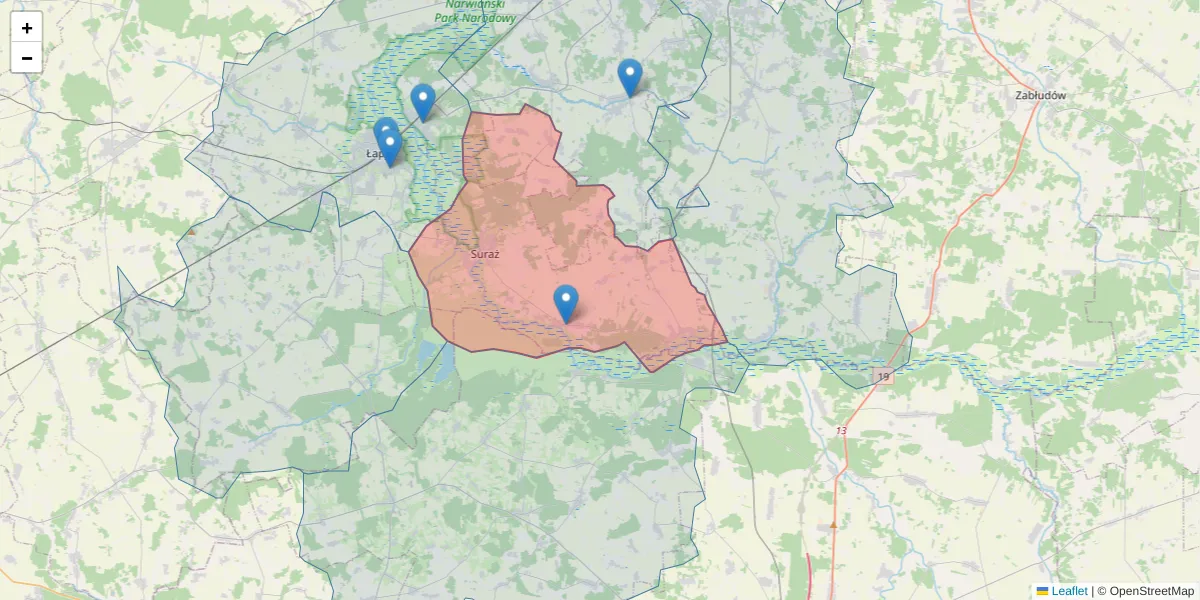 Szczegółowa mapa kodu pocztowego 18-105 z granicami, sąsiednimi kodami pocztowymi i urzędami pocztowymi