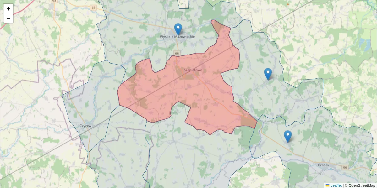 Szczegółowa mapa kodu pocztowego 18-210 z granicami, sąsiednimi kodami pocztowymi i urzędami pocztowymi