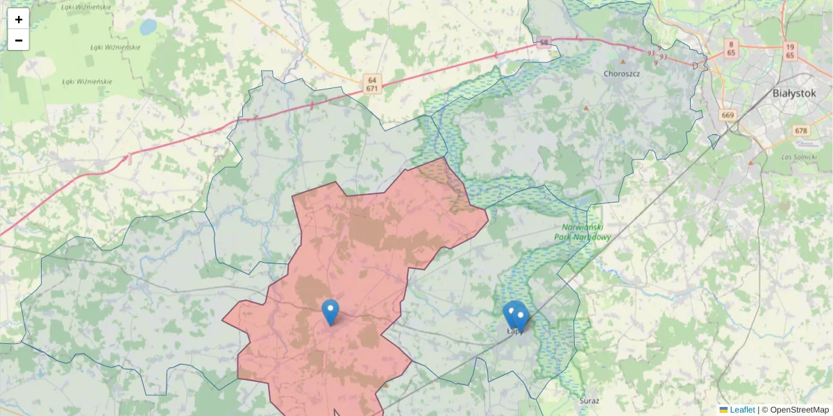 Szczegółowa mapa kodu pocztowego 18-218 z granicami, sąsiednimi kodami pocztowymi i urzędami pocztowymi