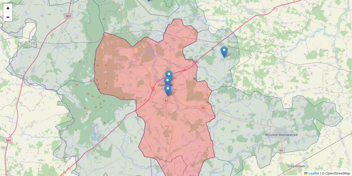 Szczegółowa mapa kodu pocztowego 18-300 z granicami, sąsiednimi kodami pocztowymi i urzędami pocztowymi