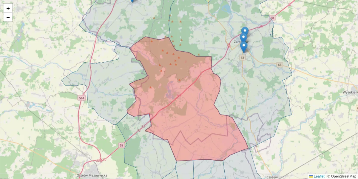 Szczegółowa mapa kodu pocztowego 18-305 z granicami, sąsiednimi kodami pocztowymi i urzędami pocztowymi