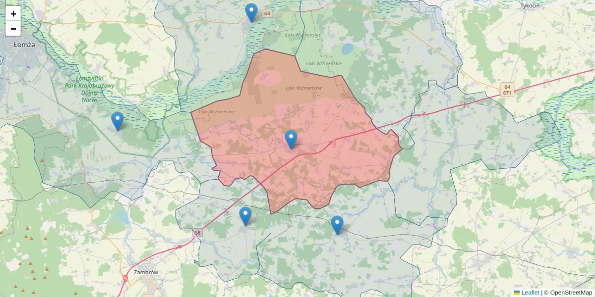 Szczegółowa mapa kodu pocztowego 18-312 z granicami, sąsiednimi kodami pocztowymi i urzędami pocztowymi