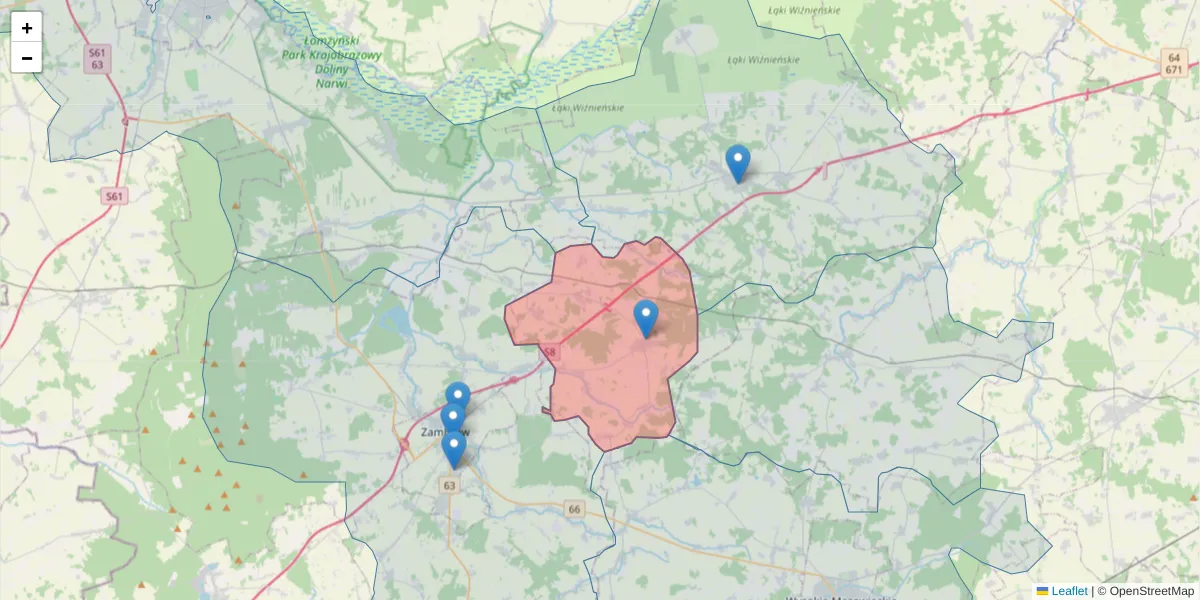 Szczegółowa mapa kodu pocztowego 18-315 z granicami, sąsiednimi kodami pocztowymi i urzędami pocztowymi