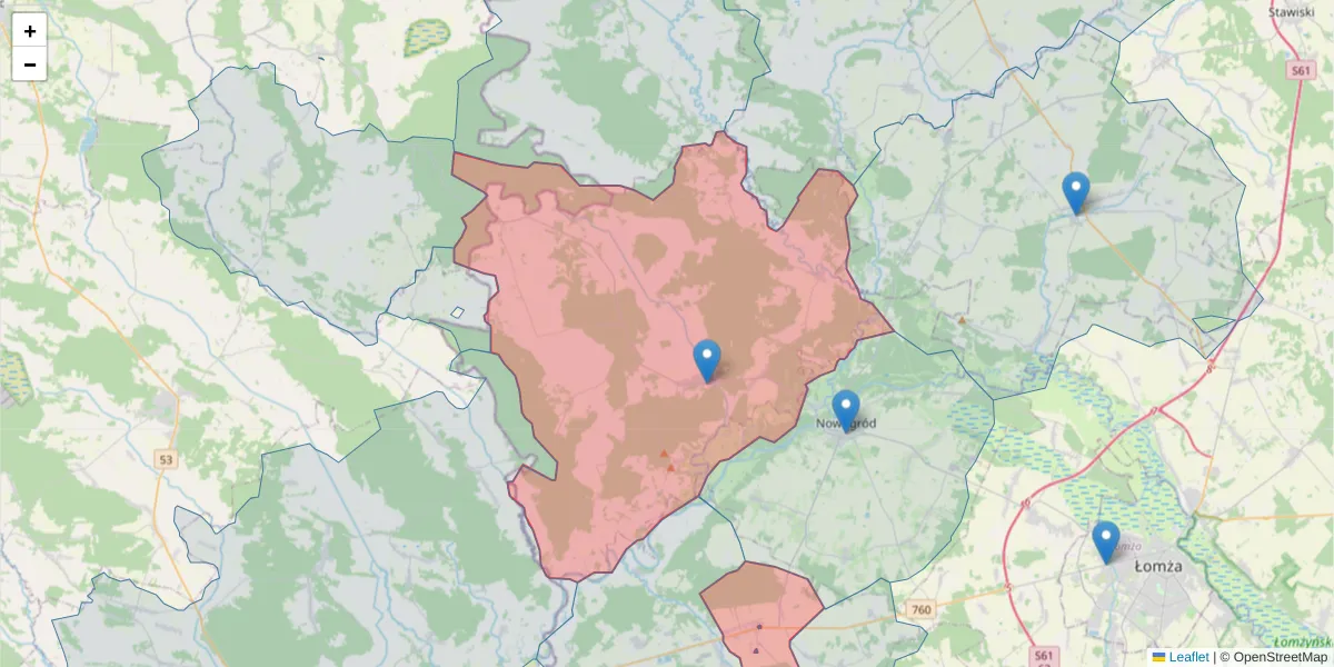 Szczegółowa mapa kodu pocztowego 18-416 z granicami, sąsiednimi kodami pocztowymi i urzędami pocztowymi