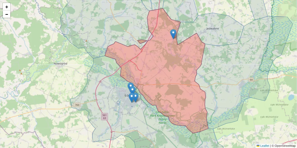 Szczegółowa mapa kodu pocztowego 18-421 z granicami, sąsiednimi kodami pocztowymi i urzędami pocztowymi
