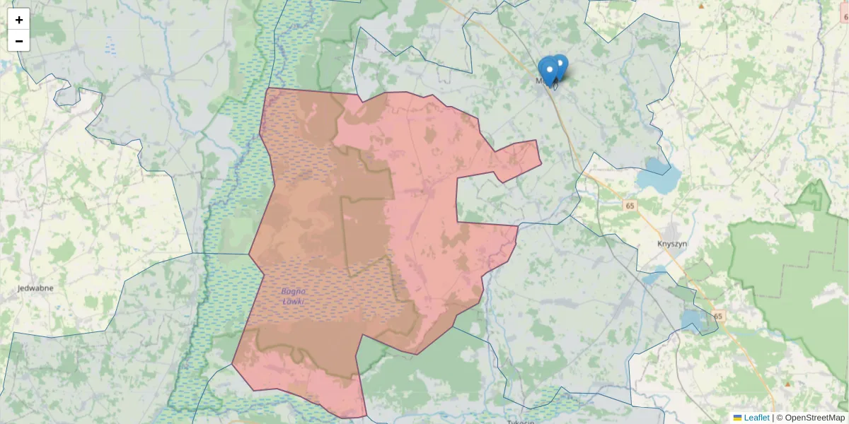 Szczegółowa mapa kodu pocztowego 19-104 z granicami, sąsiednimi kodami pocztowymi i urzędami pocztowymi