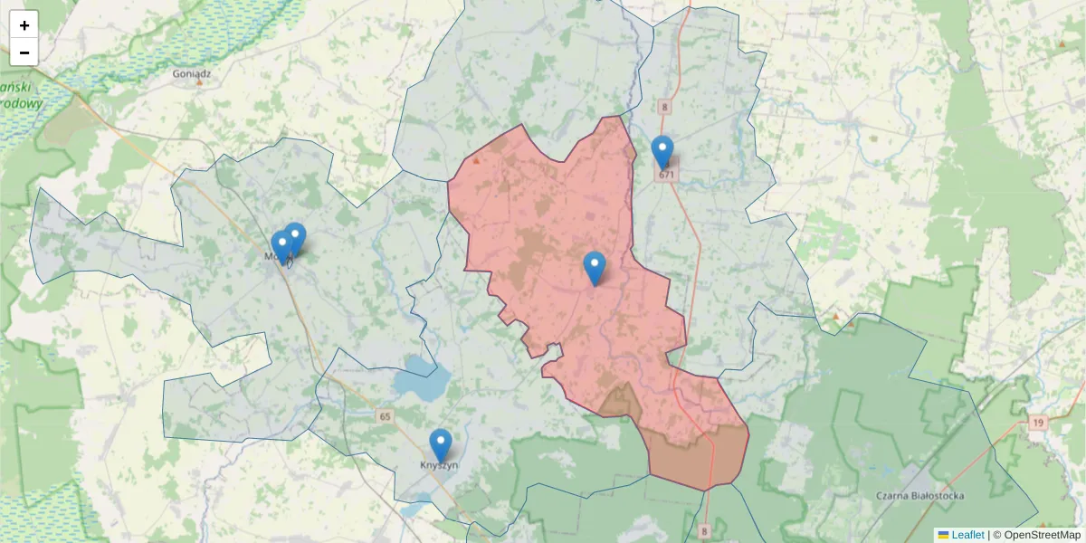 Szczegółowa mapa kodu pocztowego 19-122 z granicami, sąsiednimi kodami pocztowymi i urzędami pocztowymi