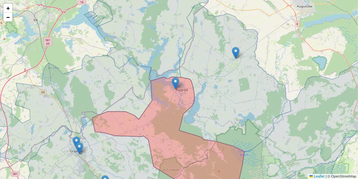 Szczegółowa mapa kodu pocztowego 19-206 z granicami, sąsiednimi kodami pocztowymi i urzędami pocztowymi