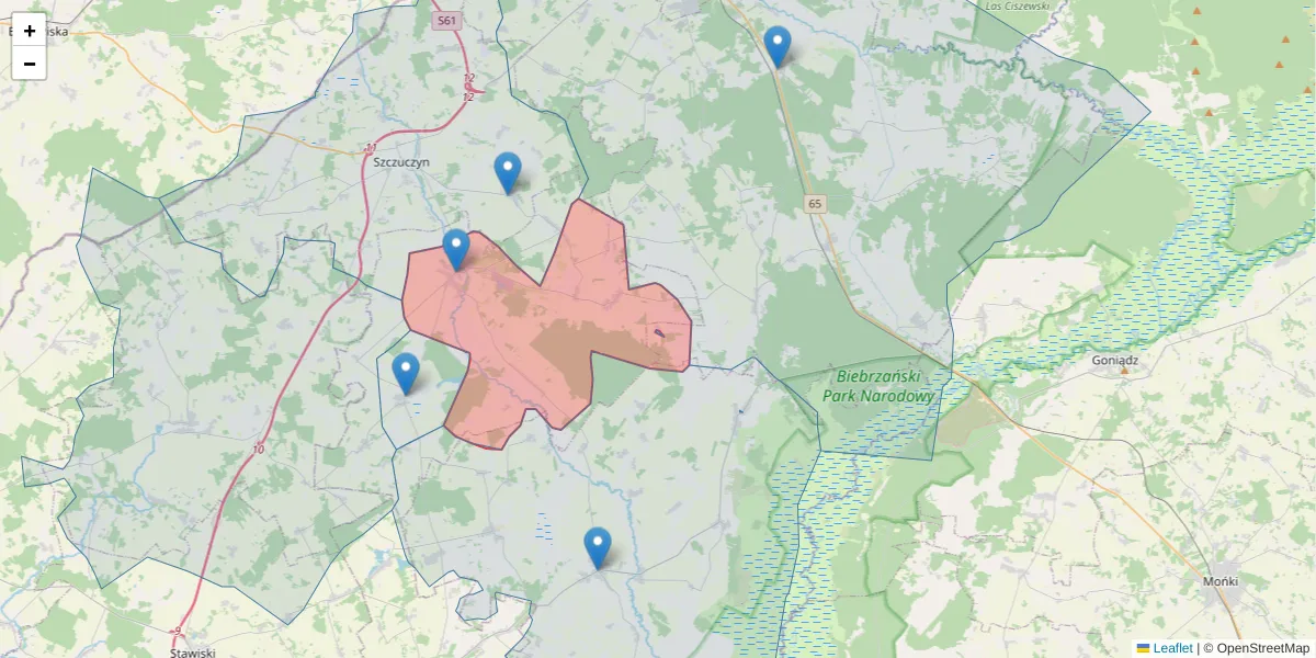 Szczegółowa mapa kodu pocztowego 19-222 z granicami, sąsiednimi kodami pocztowymi i urzędami pocztowymi