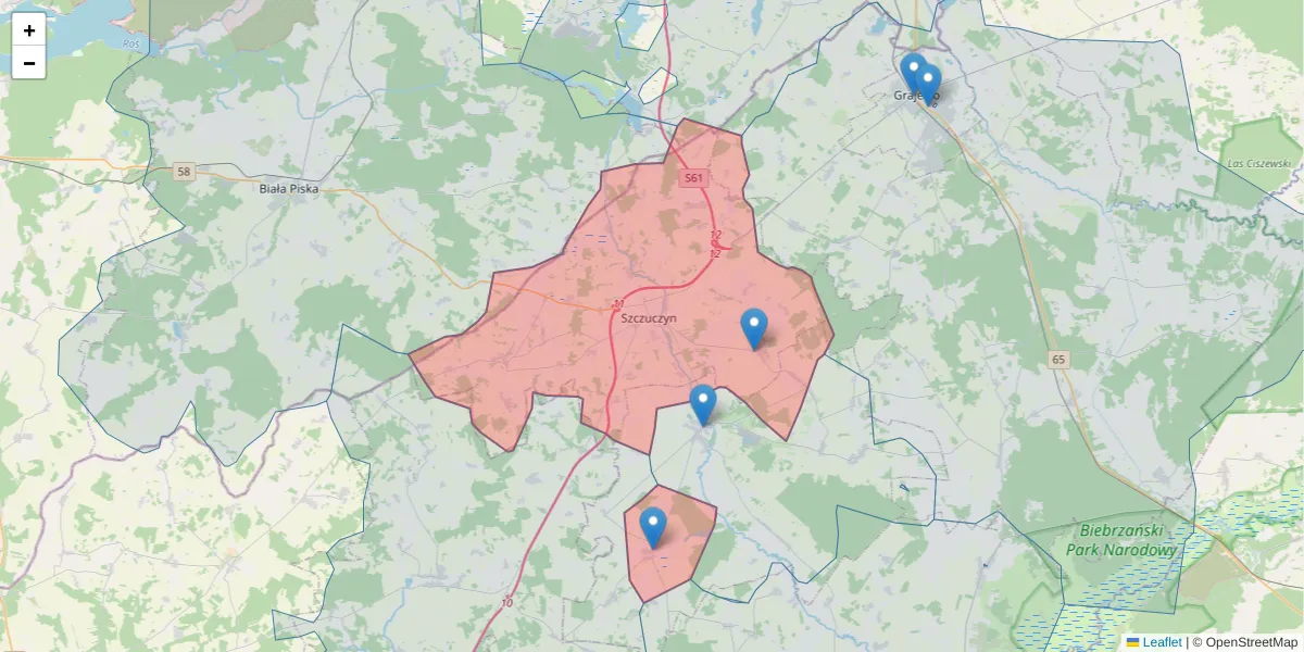 Szczegółowa mapa kodu pocztowego 19-230 z granicami, sąsiednimi kodami pocztowymi i urzędami pocztowymi