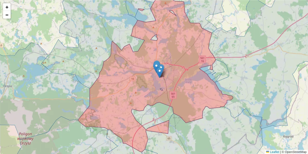 Szczegółowa mapa kodu pocztowego 19-300 z granicami, sąsiednimi kodami pocztowymi i urzędami pocztowymi