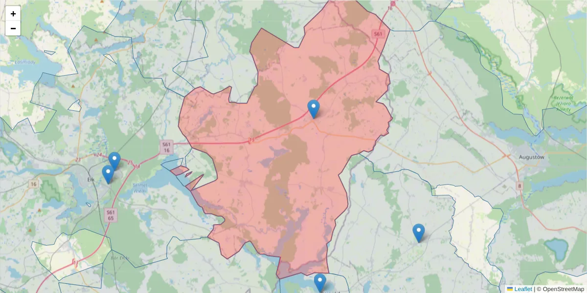 Szczegółowa mapa kodu pocztowego 19-314 z granicami, sąsiednimi kodami pocztowymi i urzędami pocztowymi