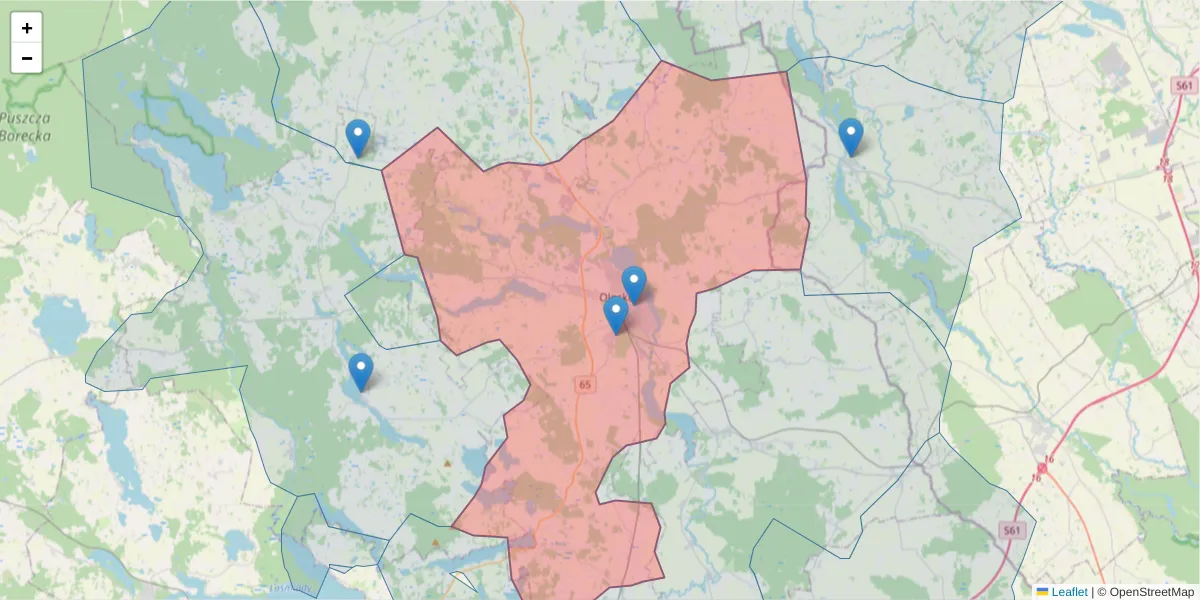 Szczegółowa mapa kodu pocztowego 19-400 z granicami, sąsiednimi kodami pocztowymi i urzędami pocztowymi