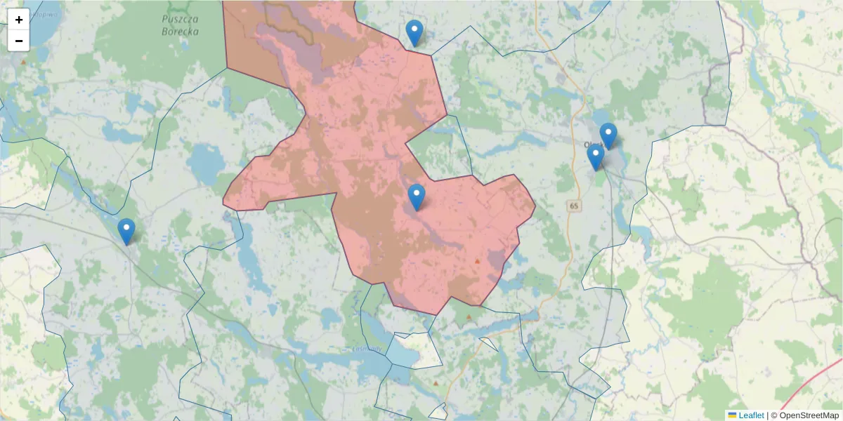 Szczegółowa mapa kodu pocztowego 19-411 z granicami, sąsiednimi kodami pocztowymi i urzędami pocztowymi