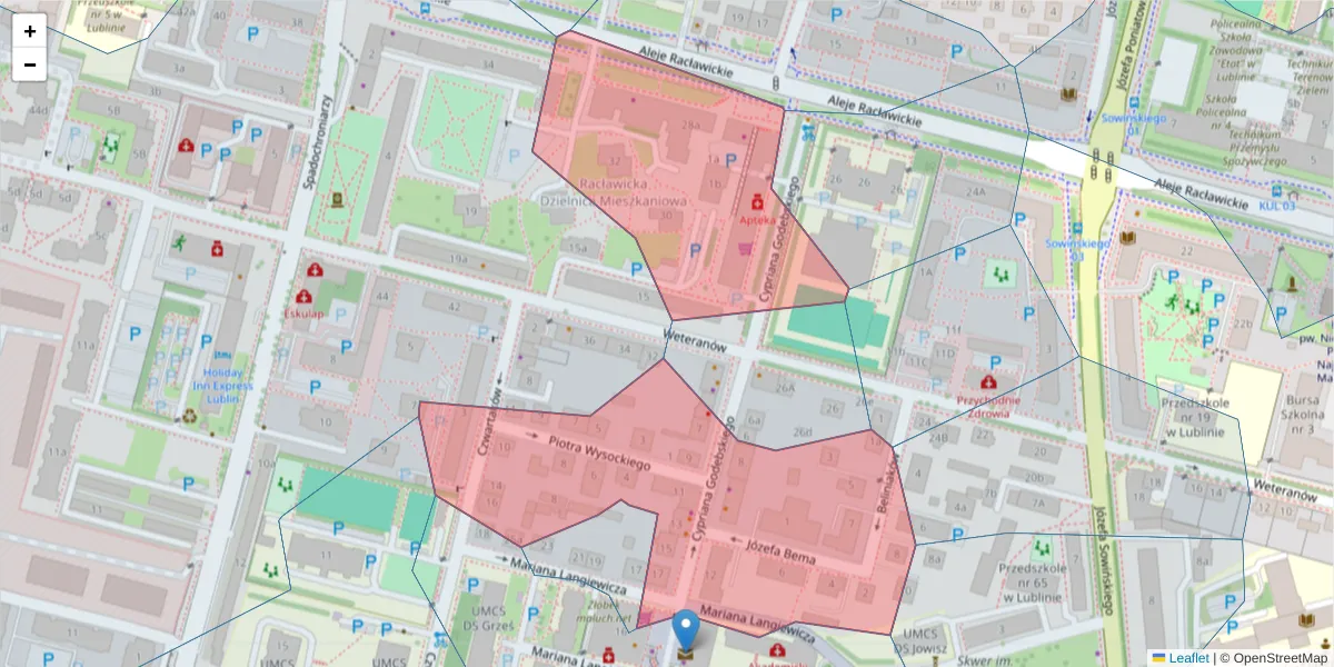Szczegółowa mapa kodu pocztowego 20-045 z granicami, sąsiednimi kodami pocztowymi i urzędami pocztowymi