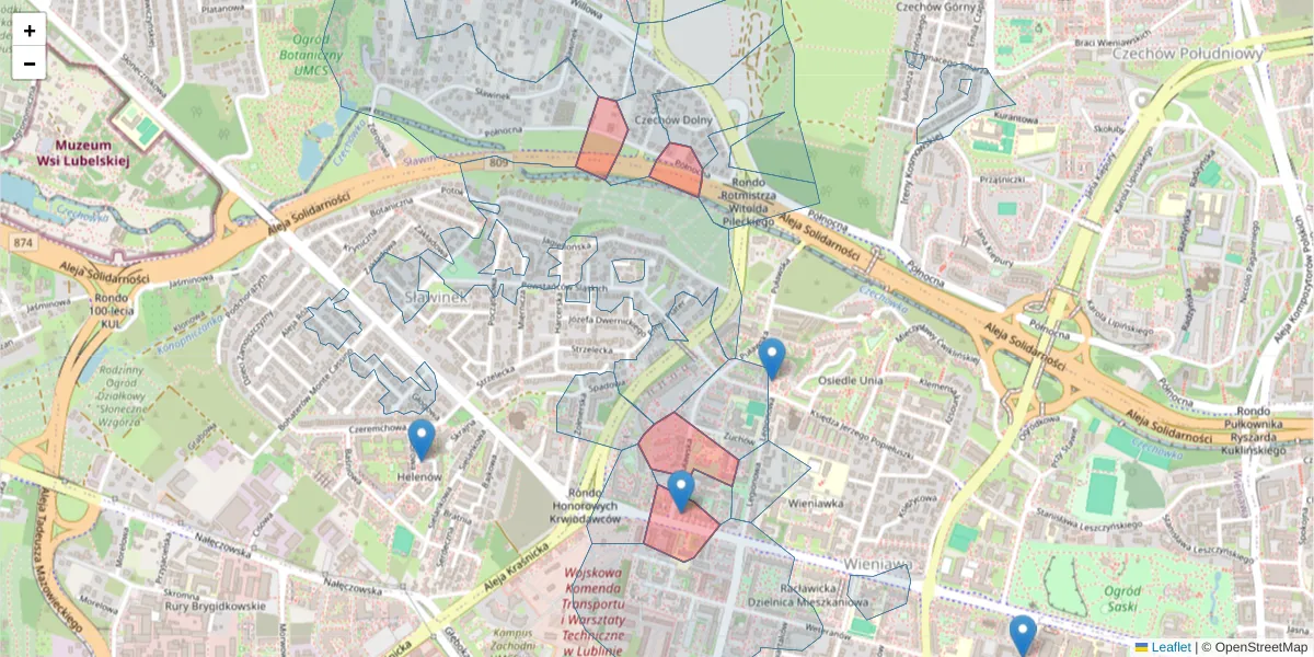 Szczegółowa mapa kodu pocztowego 20-046 z granicami, sąsiednimi kodami pocztowymi i urzędami pocztowymi