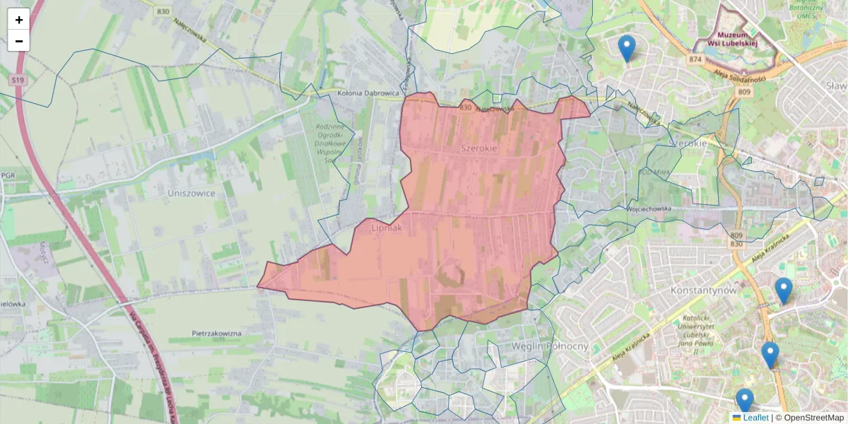 Szczegółowa mapa kodu pocztowego 20-050 z granicami, sąsiednimi kodami pocztowymi i urzędami pocztowymi