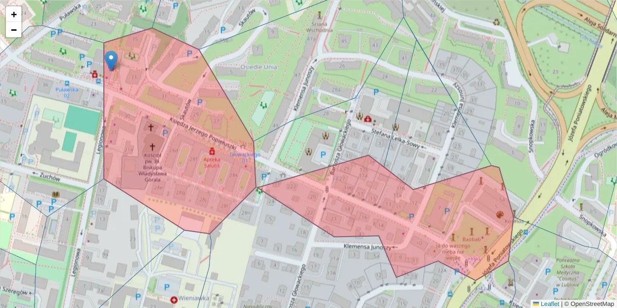 Szczegółowa mapa kodu pocztowego 20-052 z granicami, sąsiednimi kodami pocztowymi i urzędami pocztowymi