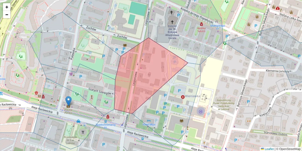 Szczegółowa mapa kodu pocztowego 20-053 z granicami, sąsiednimi kodami pocztowymi i urzędami pocztowymi