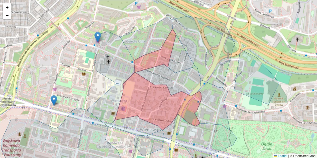 Szczegółowa mapa kodu pocztowego 20-060 z granicami, sąsiednimi kodami pocztowymi i urzędami pocztowymi
