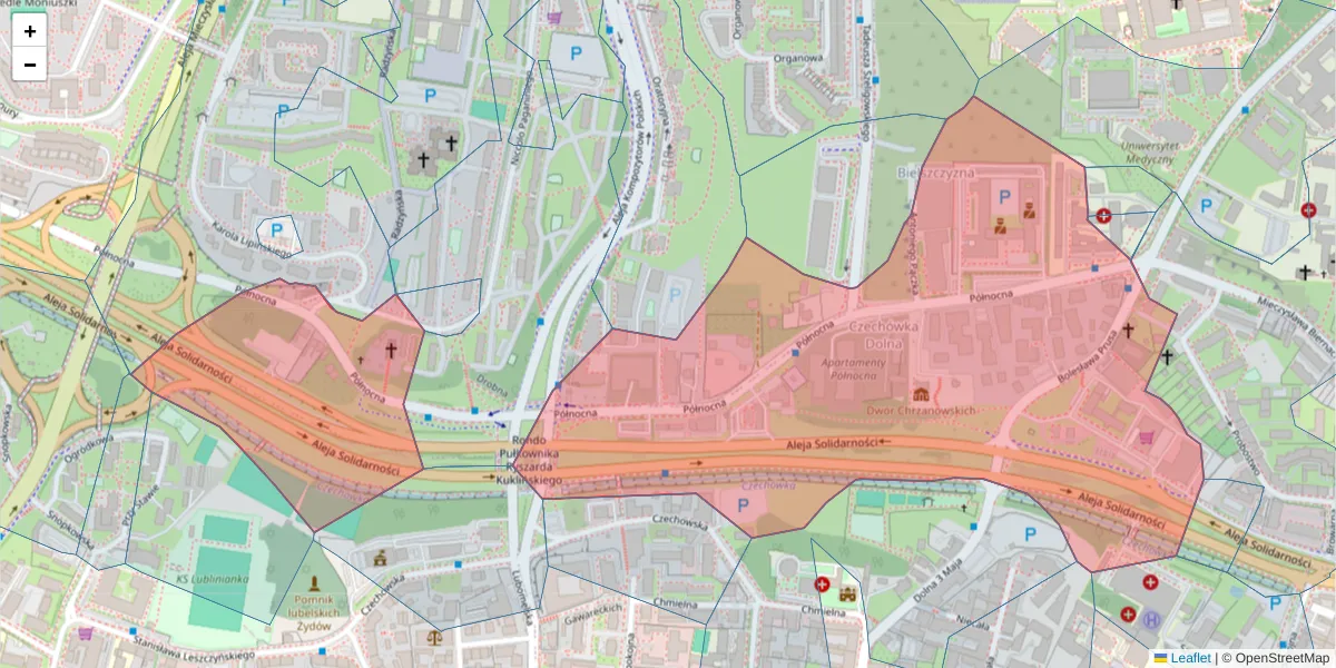Szczegółowa mapa kodu pocztowego 20-064 z granicami, sąsiednimi kodami pocztowymi i urzędami pocztowymi