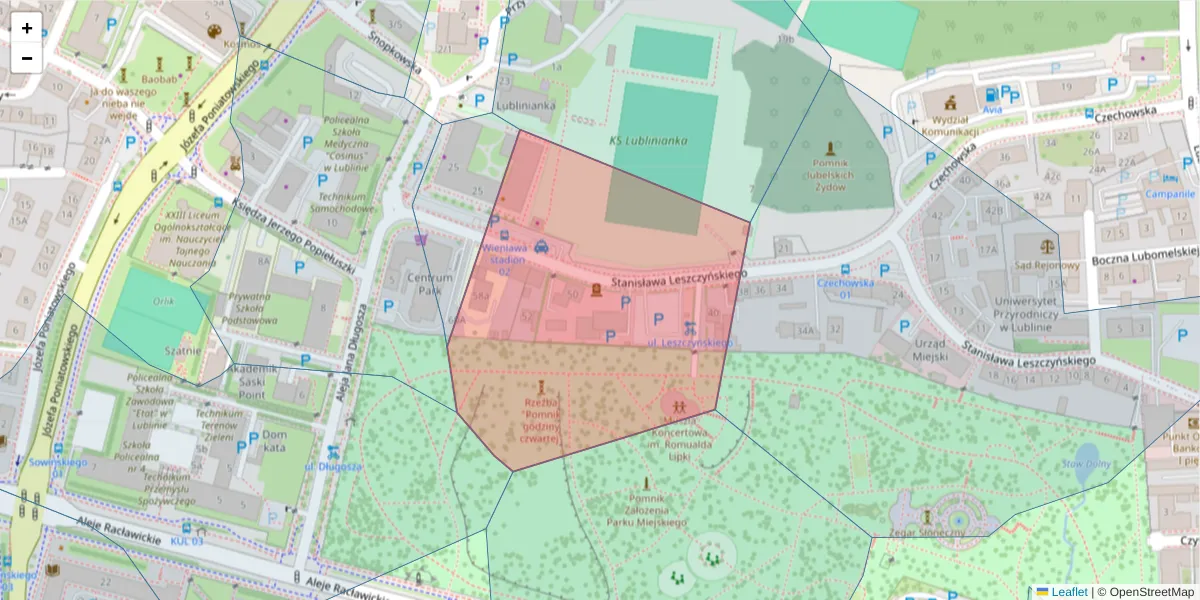 Szczegółowa mapa kodu pocztowego 20-068 z granicami, sąsiednimi kodami pocztowymi i urzędami pocztowymi