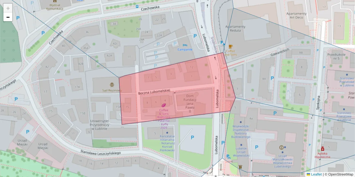 Szczegółowa mapa kodu pocztowego 20-070 z granicami, sąsiednimi kodami pocztowymi i urzędami pocztowymi