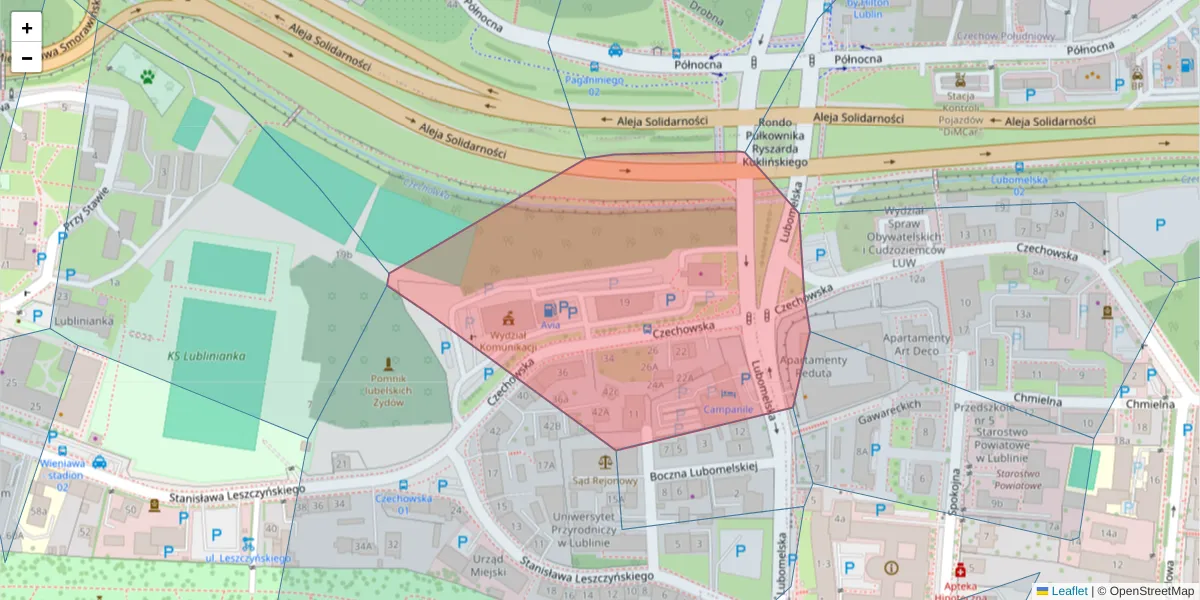 Szczegółowa mapa kodu pocztowego 20-072 z granicami, sąsiednimi kodami pocztowymi i urzędami pocztowymi