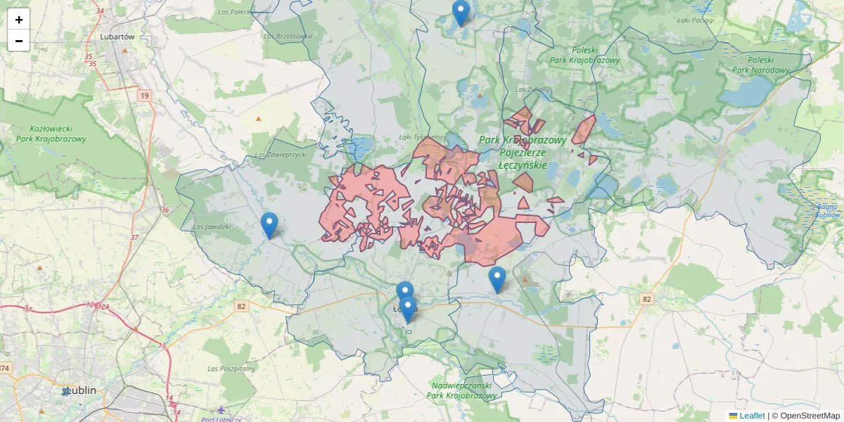 Szczegółowa mapa kodu pocztowego 20-075 z granicami, sąsiednimi kodami pocztowymi i urzędami pocztowymi