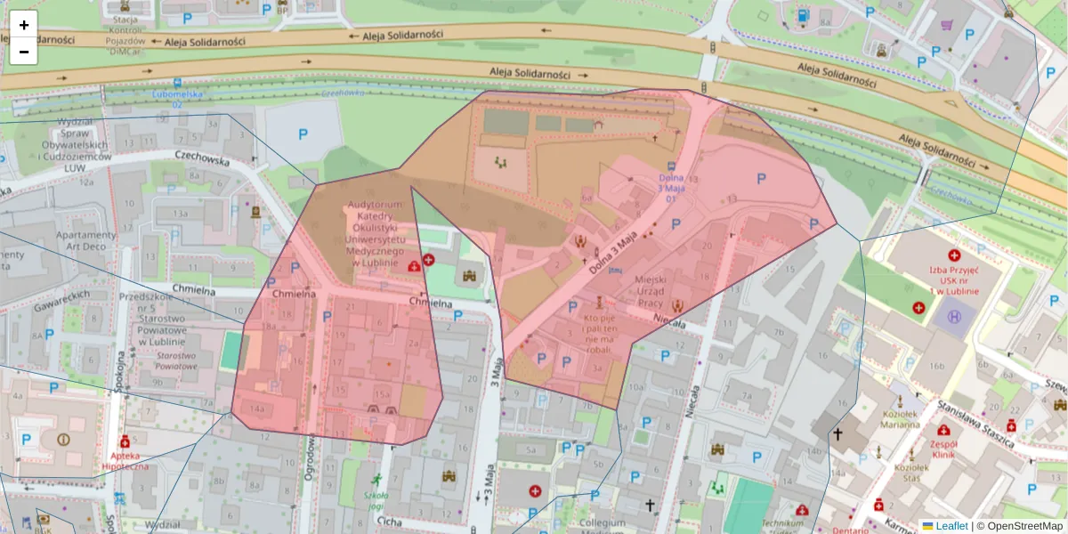 Szczegółowa mapa kodu pocztowego 20-079 z granicami, sąsiednimi kodami pocztowymi i urzędami pocztowymi