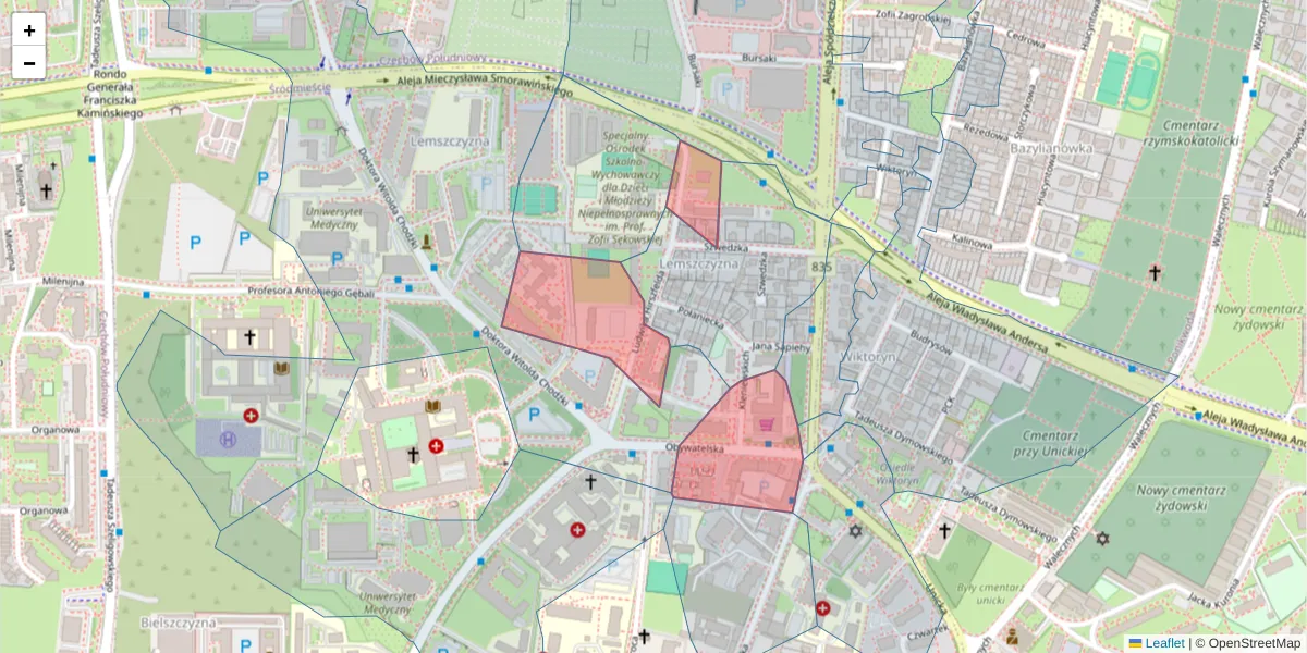 Szczegółowa mapa kodu pocztowego 20-092 z granicami, sąsiednimi kodami pocztowymi i urzędami pocztowymi